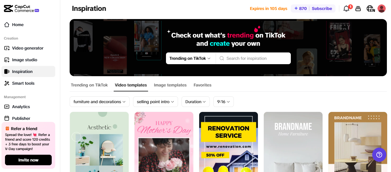 Pippit interface showcasing trending TikTok video templates and tools for video creation and editing.